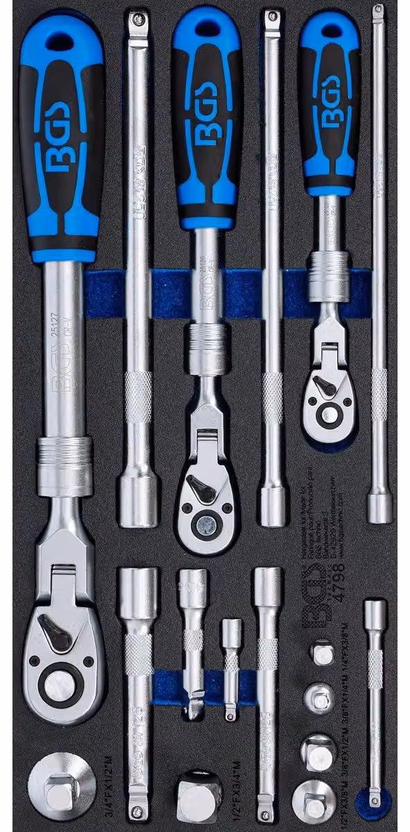 BGS 4798 Set di chiavi a cricchetto estensibili per carrello da officina, 17 pezzi