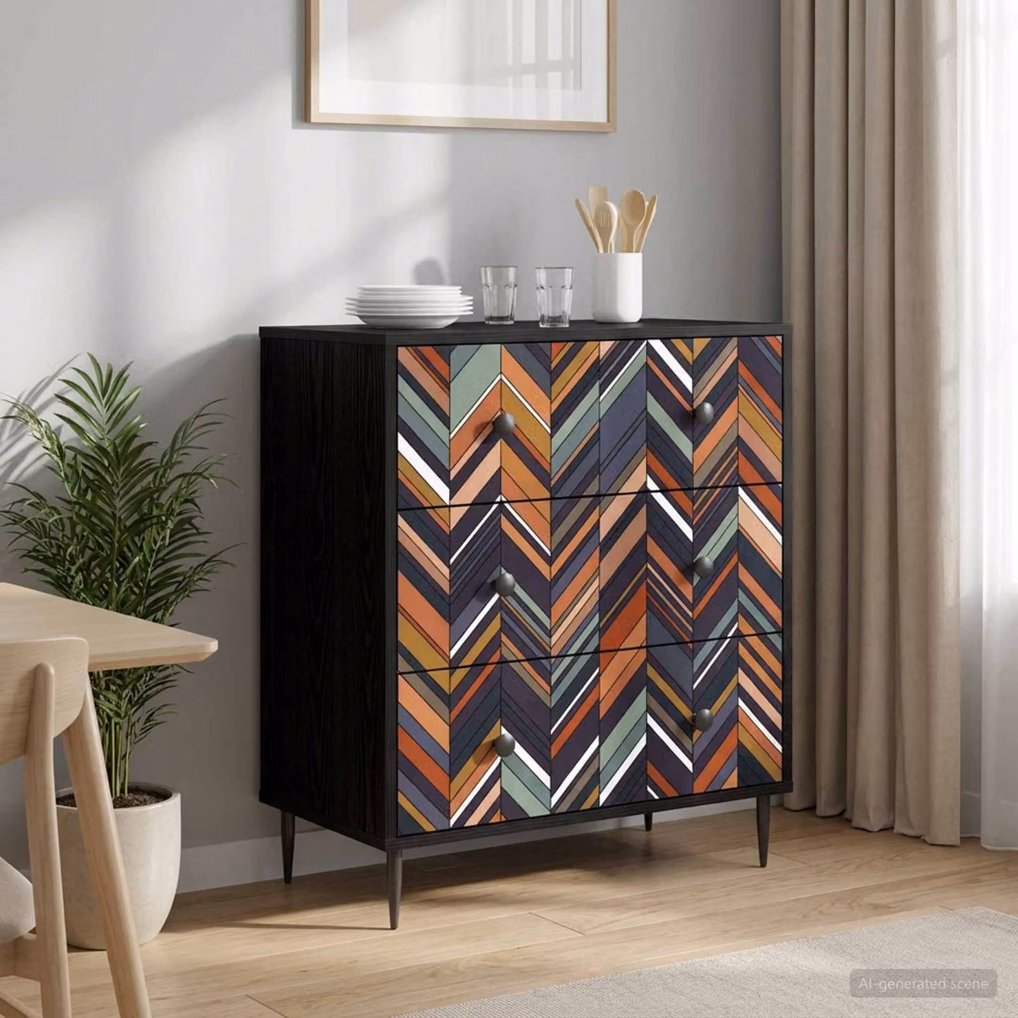 Cassettiera vidaXL OMMEN con stampa geometrica moderna, multicolore, L: 66 cm, P: 36,5 cm, H: 76 cm