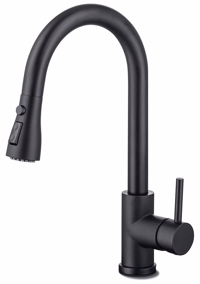 Miscelatore da cucina estraibile, di colore nero opaco, con soffione dotato di due funzioni, beccuccio alto e curvo, ideale per la cucina