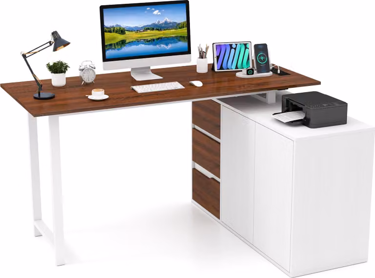 COSTWAY Scrivania a L con stazione di ricarica, schedario, 3 cassetti e 2 ante, scrivania angolare reversibile, scrivania per computer in metallo e legno marrone
