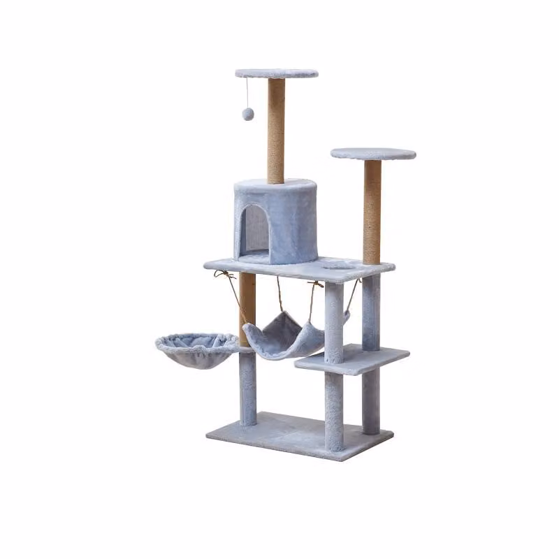 Tiragraffi per Gatti Multilivello con Cuccia e Amaca, Sisal, Grigio, 137 cm