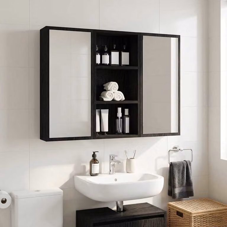 Armadio da bagno a muro vidaXL moderno in rovere e nero con ripiani interni e ante a battente L: 30 cm, P: 16 cm, H: 62,5 cm