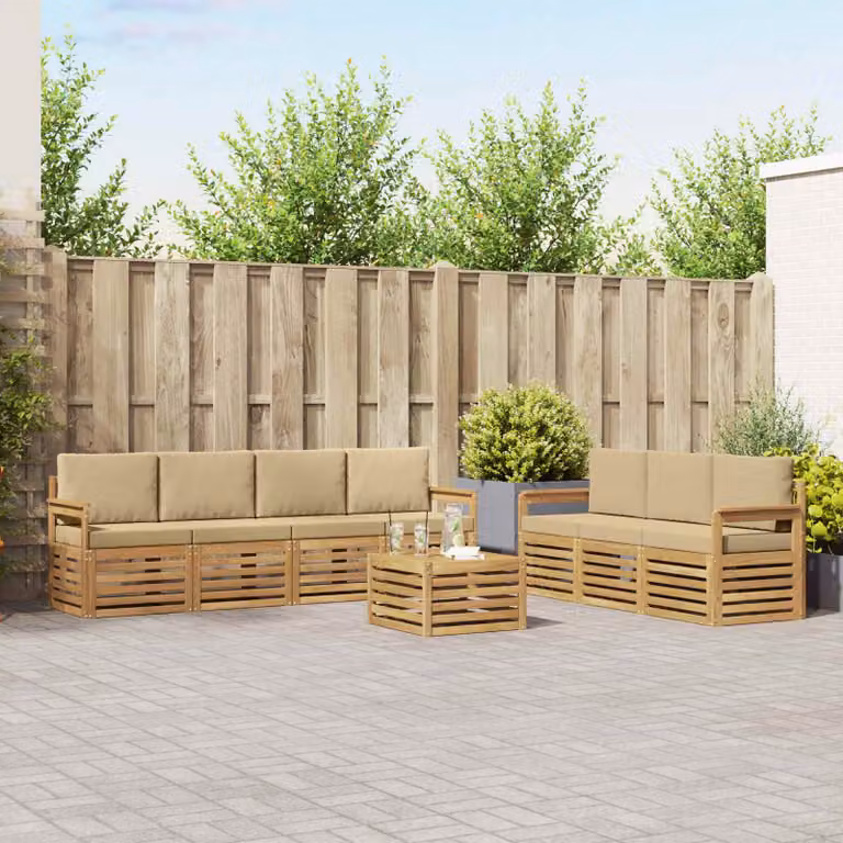 Set da giardino vidaXL composto da 8 pezzi con divani, tavolino e cuscini in legno di acacia e tessuto bianco e beige