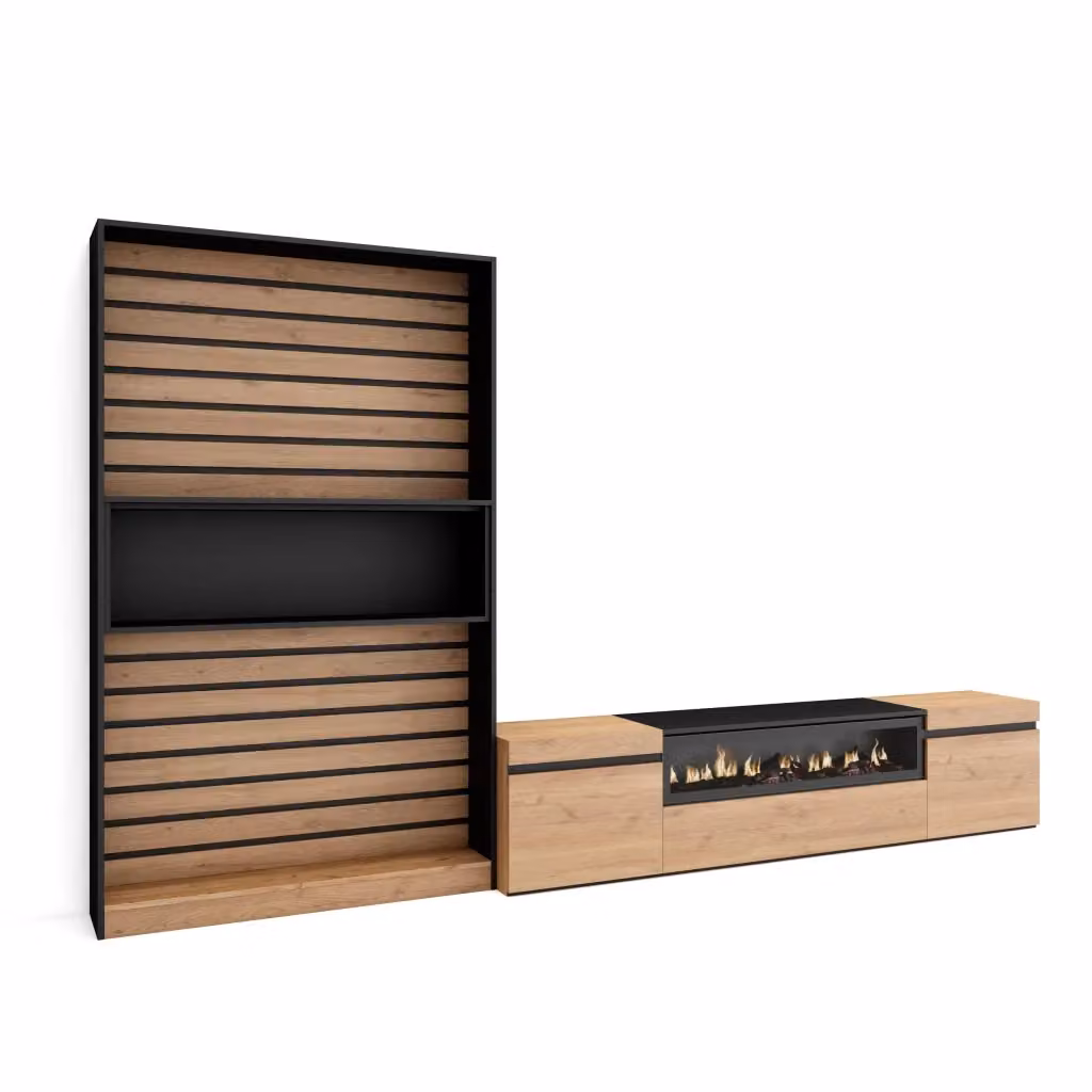 Mobile TV da soggiorno SKRAUT HOME con camino elettrico per TV fino a 80 pollici, colore Rovere e nero, L: 310 cm, P: 35 cm, H: 186 cm – 2