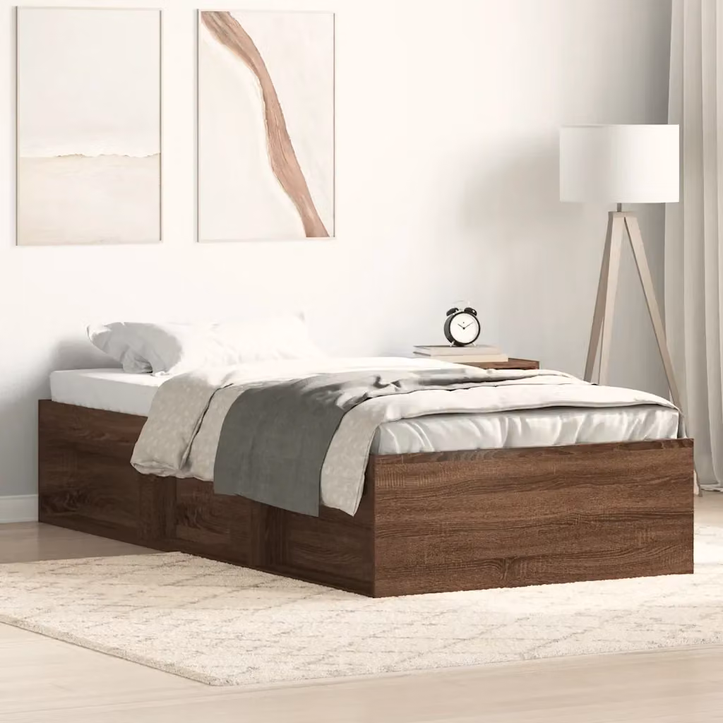 Letto singolo moderno in legno di pino marrone con vani contenitore laterali L/P/H: 200 x 90 x 35 cm – 2