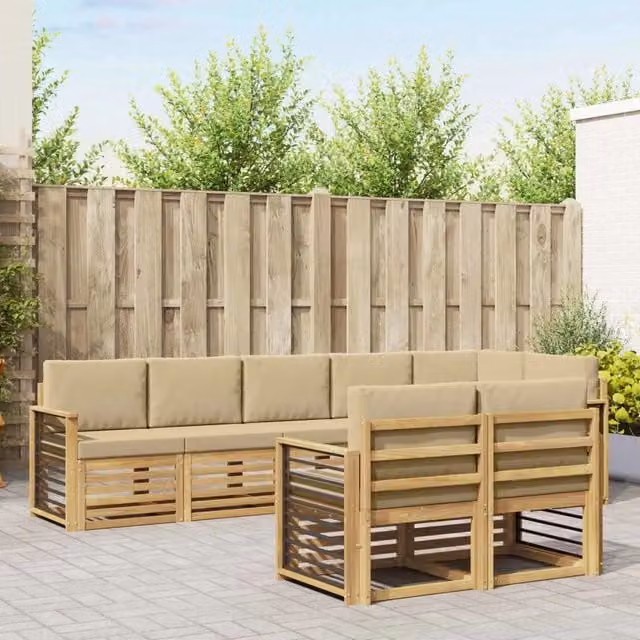Set di divani da esterno a L vidaXL in legno di acacia con cuscini, Bianco e Beige – 1