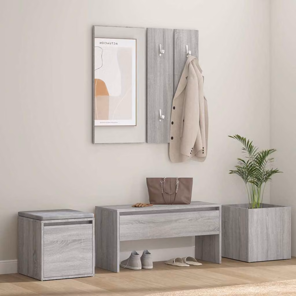 vidaXL Set di Mobili da Corridoio Moderno Grigio con Specchio, Panca e Scarpiera – 1