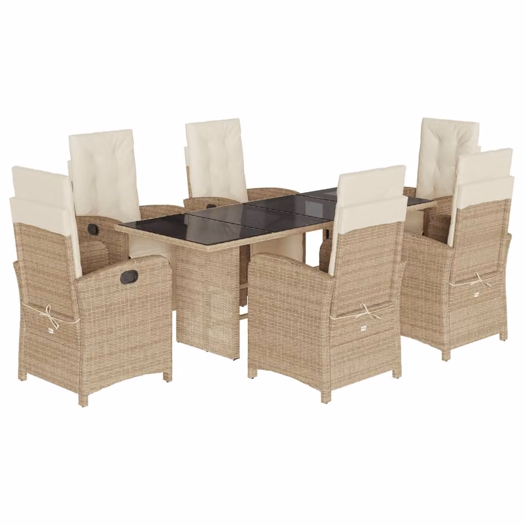 Set da Pranzo da Giardino 7 pz con Cuscini Beige in Polyrattan