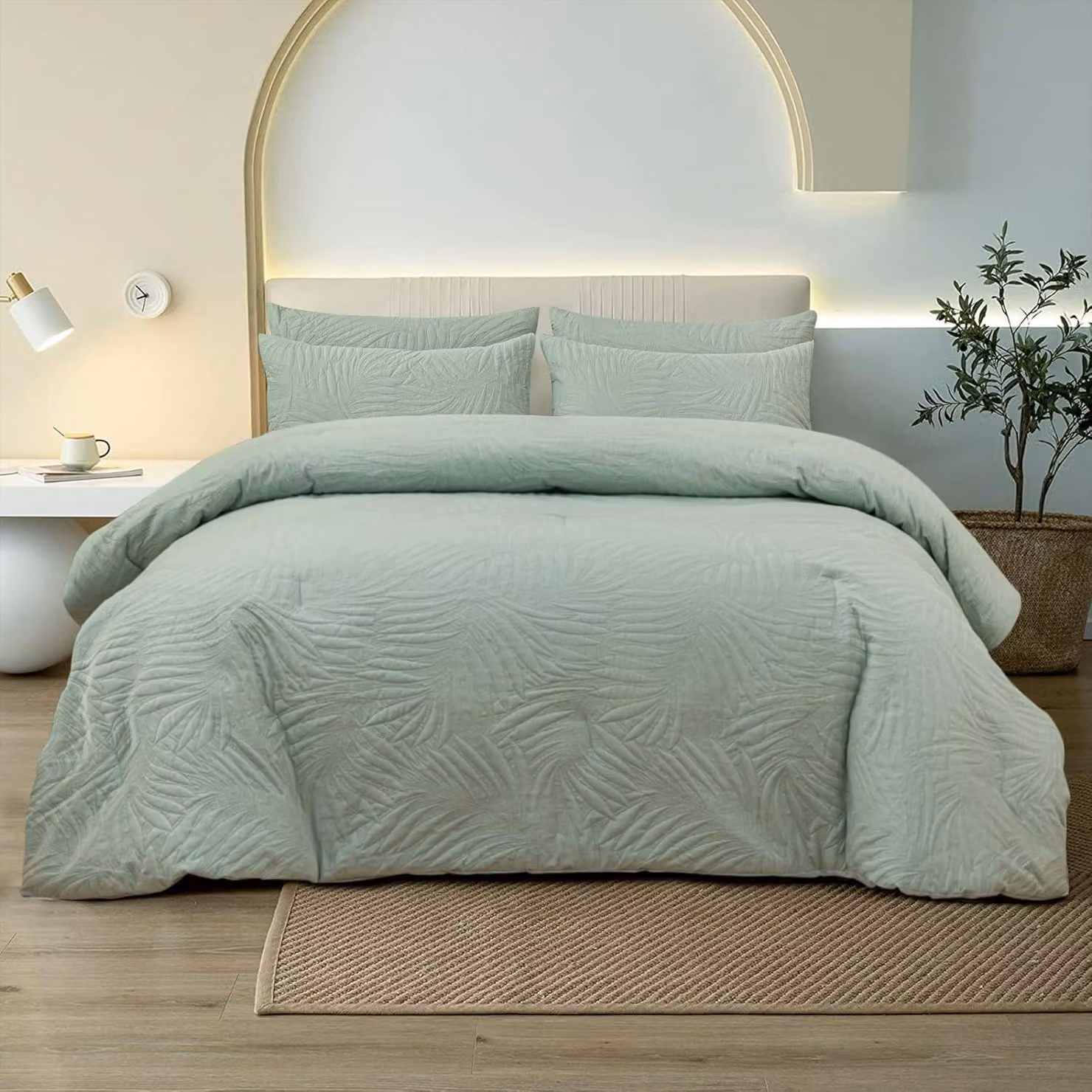 Copertura per letto 220 x 240 cm, adatta per tutte le stagioni, 350 g/m², in microfibra, morbida e soffice, colore verde, motivo a foglie moderne, include 2 federe