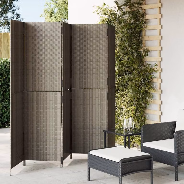 Divisorio per ambienti vidaXL a 5 pannelli in polyrattan e metallo, Grigio