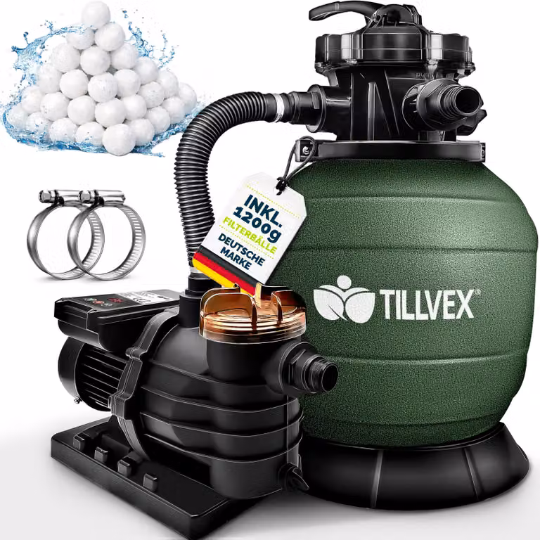 Impianto di filtrazione a sabbia tillvex® per piscina con timer, verde, da 13.200 l/h a 40.000 l + 1200 g di sfere filtranti | Impianto di filtrazione con valvola a 7 vie e adattatore 2 in 1 Ø 32-38 mm | Filtro per piscina autoaspirante | Filtro a sabbia