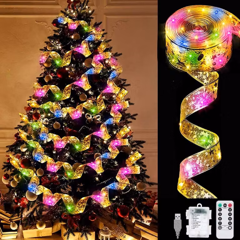 10 m di luci natalizie a nastro, luci natalizie a LED, ghirlanda luminosa natalizia, 8 modalità, telecomando, per festività, feste, matrimoni, nastro dorato/colorato
