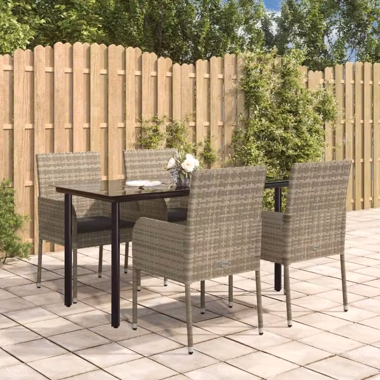 The Living Store Set da pranzo da giardino 5 pezzi con cuscini in poly rattan nero e grigio