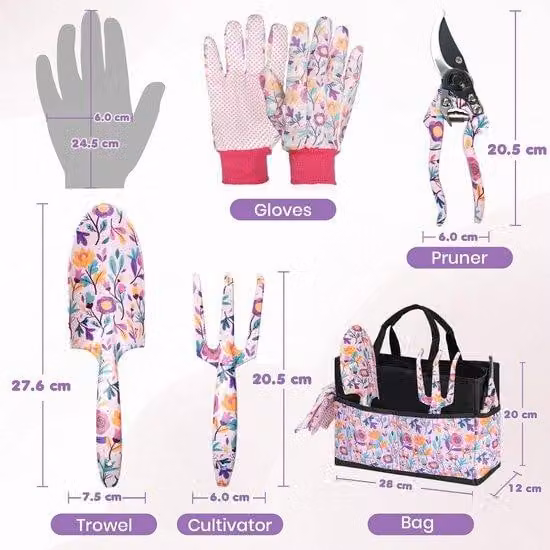 Set di 5 utensili da giardino Unyqoos® con motivo floreale: manici ergonomici, lega di alluminio e acciaio, include pala, rastrello, cesoie, guanti e borsa