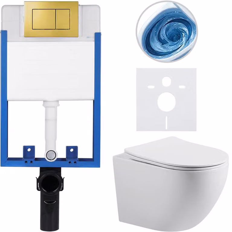 CERANO - Set completo per WC sospeso modello Lite/Cesso - bianco lucido - Pulsante per WC Classic, dorato - da incasso - 49x36 cm
