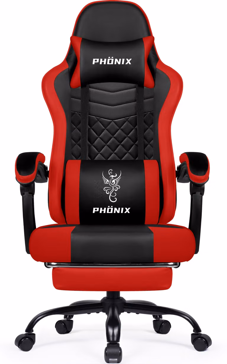Sedia da gaming, schienale e poggiapiedi regolabili ergonomicamente, imbottitura in memory foam, rivestimento in ecopelle, colore rosso