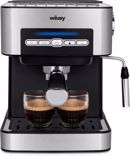 Macchina per caffè espresso Weasy in acciaio inossidabile color argento con funzione acqua calda, beccuccio vapore e scaldatazza, 850 W