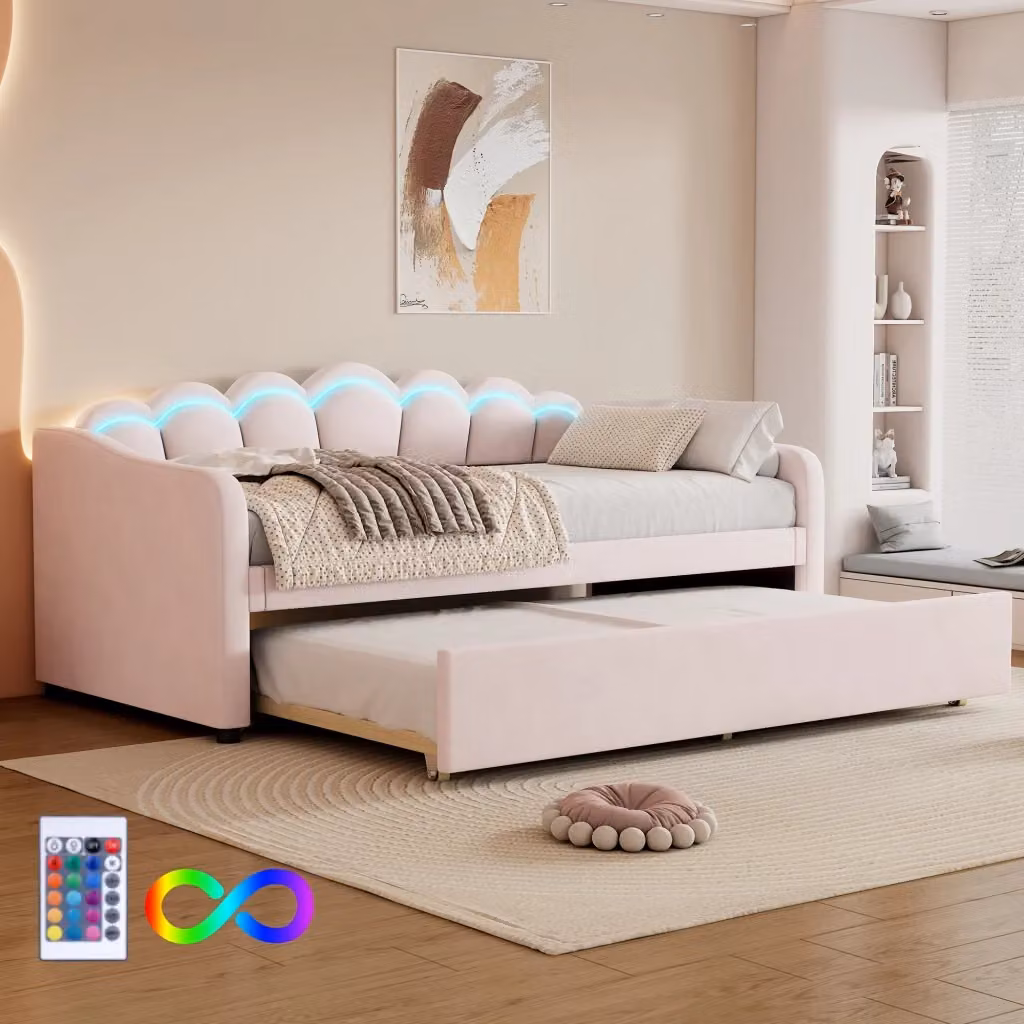 Letto singolo estraibile Chicfurn in velluto rosa con illuminazione LED sottostante e rete a doghe, L/P/H: 90 x 200 cm – 2