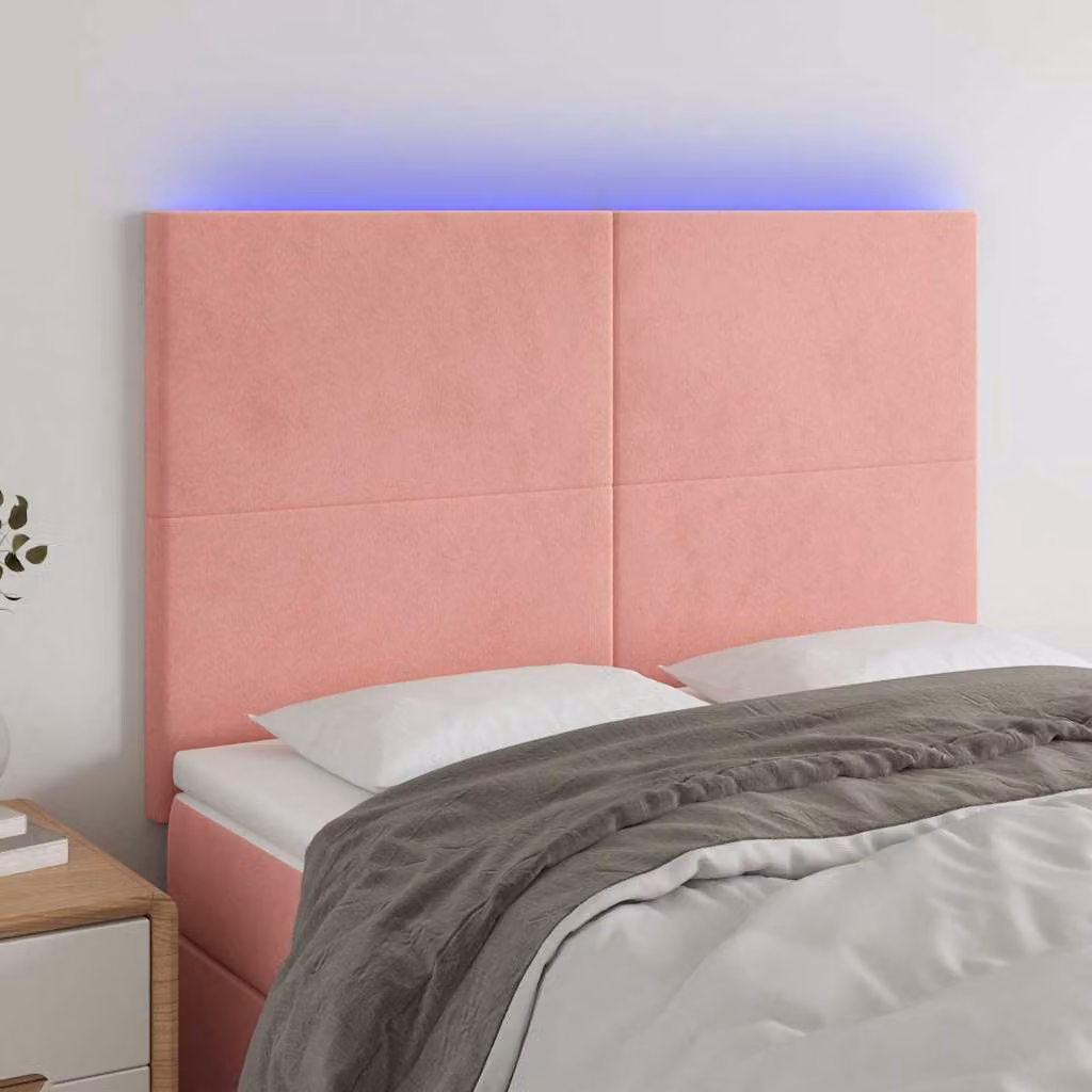 Testiera per letto con illuminazione LED e porta di ricarica USB vidaXL in velluto rosa, L: 144 cm, P: 5 cm, H: 118-128 cm