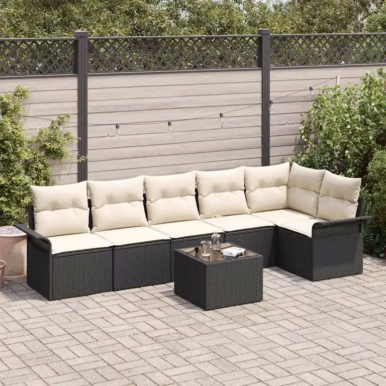 Set Divano da Giardino a L vidaXL in Polyrattan Nero con Cuscini e Tavolino da Esterno