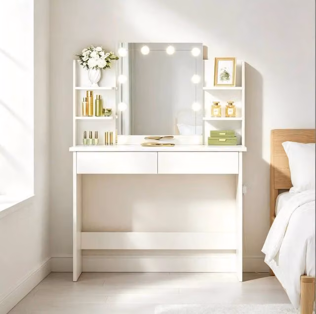 Toeletta bianca con specchio LED dimmerabile; 2 cassetti e 4 ripiani; 90 x 40 x 135 cm