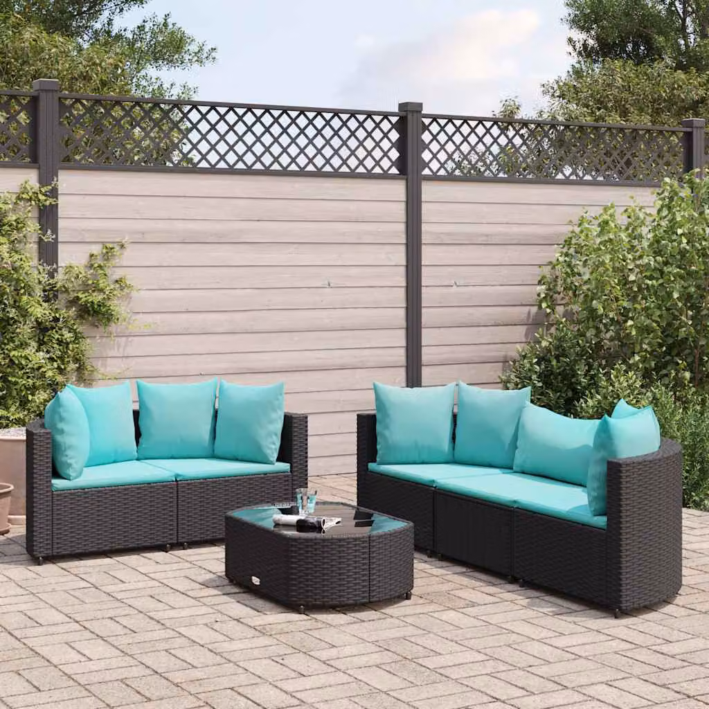 vidaXL Set Divano da Giardino 6 pz con Cuscini e Tavolino in Polyrattan e Metallo Nero – 1