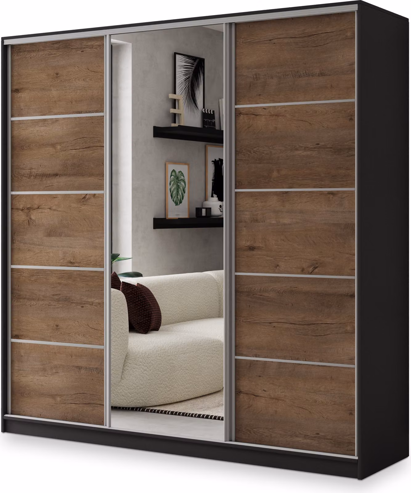 Armadio scorrevole Masseno NATA 200/205/58 cm Armadio con 4 cassetti Armadio per camera da letto a 3 ante con specchio Nero / Rovere Lefkas