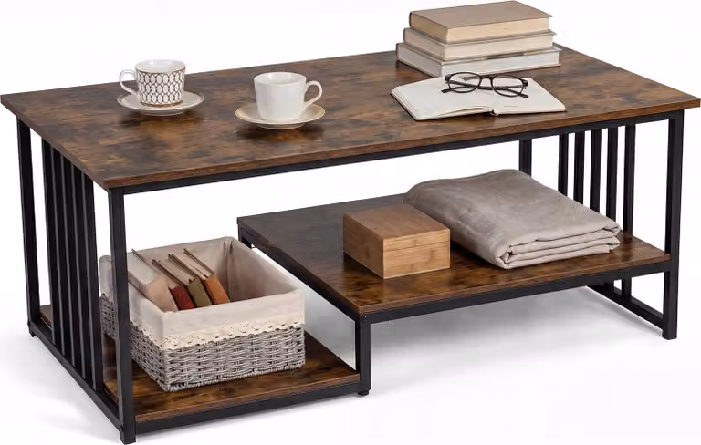 COSTWAY Tavolino da salotto, tavolo rettangolare con 2 ripiani e struttura in metallo, tavolino decorativo, tavolino da cocktail e snack, 110 x 60 x 45 cm, marrone rustico
