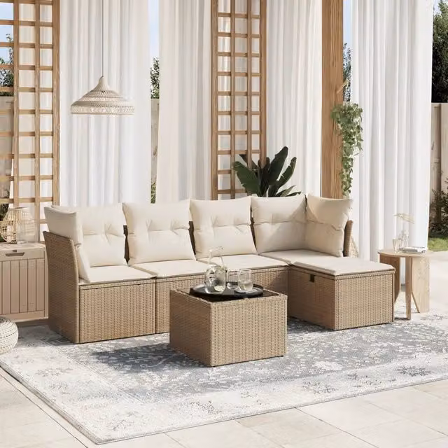 Set Divano da Giardino a L vidaXL in Polyrattan con Cuscini Beige e Tavolino, 6 Pezzi