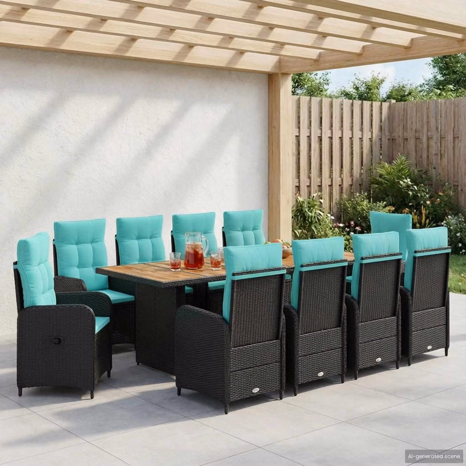 Set da pranzo per esterni vidaXL in polyrattan da 11 pezzi, colore nero e turchese con tavolo in legno di acacia