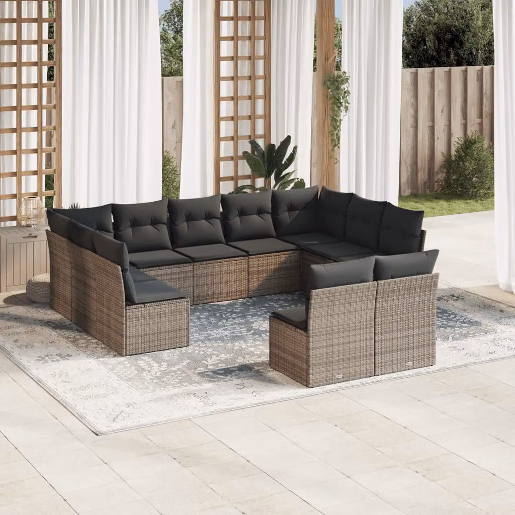 vidaXL Set Divani da Giardino 11 pz a Forma a U in Polyrattan Grigio con Cuscini e Rivestimenti Rimovibili – 1