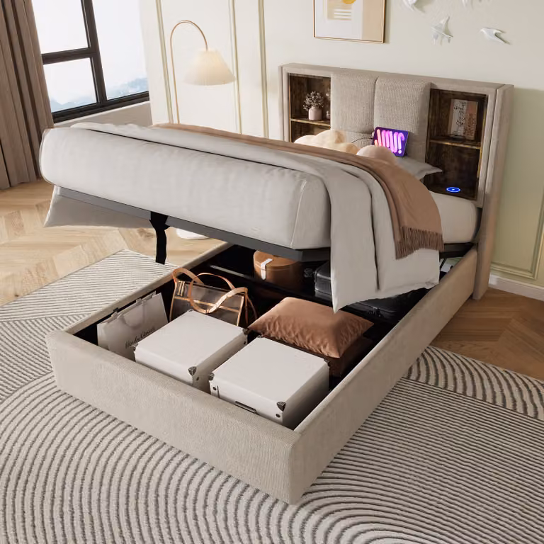 Letto imbottito Flieks 90x200cm con USB e tipo C, letto contenitore a molle idrauliche con rete a doghe, letto matrimoniale letto per ragazzi letto in legno, biancheria, beige
