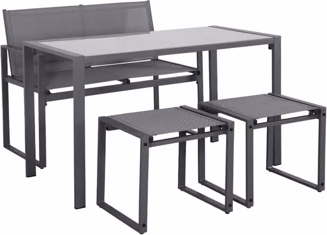 Set tavolo da giardino Sweeek rettangolare in acciaio verniciato e vetro con 4 sedie colore grigio