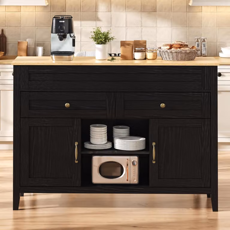 Isola da cucina con tavolo da pranzo estendibile, piano di lavoro effetto legno, 2 cassetti, ante di armadio e vani a giorno