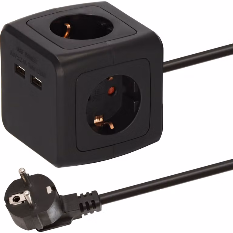 BAT Multipresa a cubo a 4 prese con 2 porte USB (multipresa con protezione anti-contatto rinforzata e cavo da 1,4 m) nera