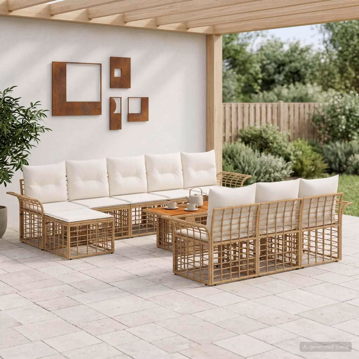 Set Divano da Giardino vidaXL 11 pz Moderno a L con Poltrona, Tavolino e Ottoman, Colore Beige e Bianco con Struttura in Metallo e Polyrattan