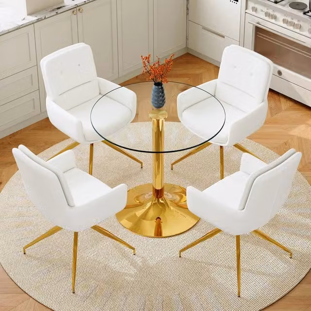 Set tavolo da pranzo rotondo in vetro temprato Ø85 cm con 4 sedie girevoli bianche e oro