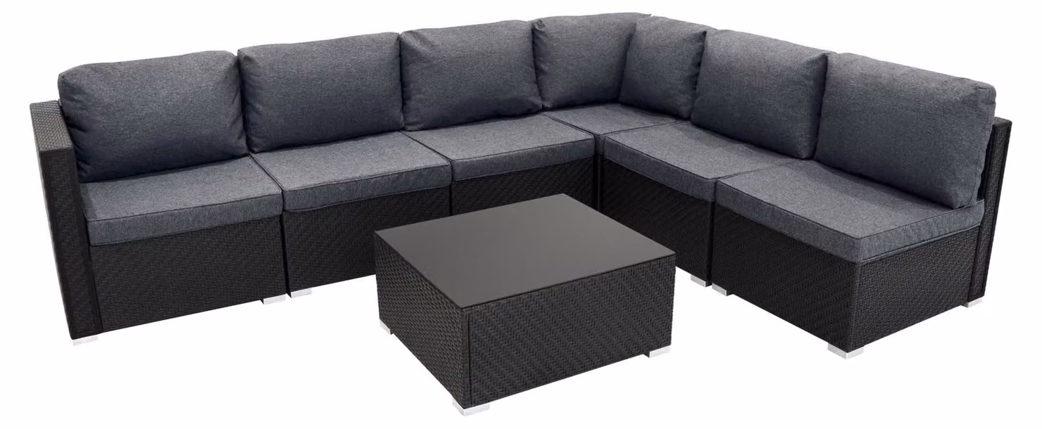Set modulare per salotto, composto da 7 pezzi - rattan sintetico - nero - 5 posti a sedere