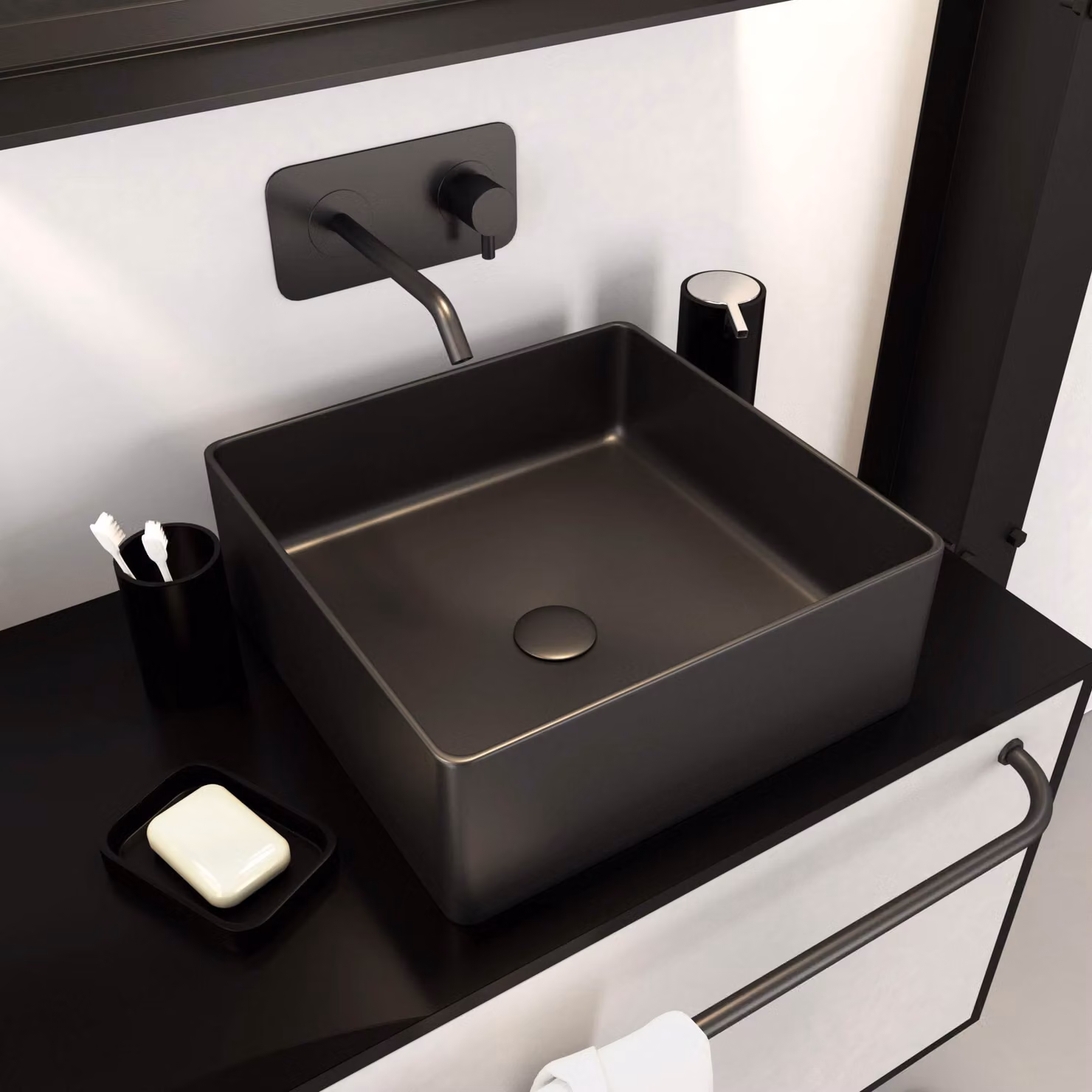 Lavabo da appoggio quadrato, rettangolare, in Vetroceramica, colore nero, dimensioni 36,5 x 36,5 x 10