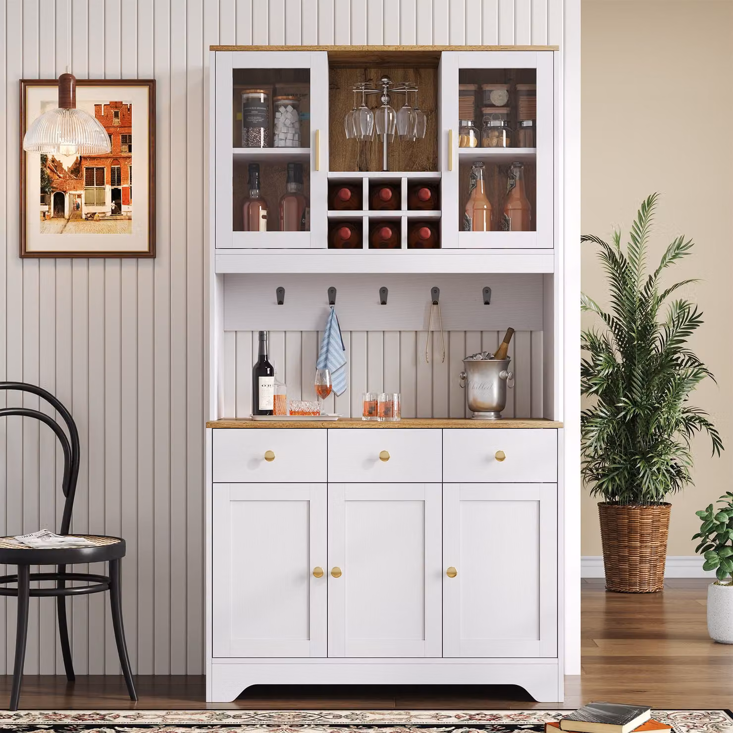 Madia alta GL Store in legno e vetro con ante in vetro e cassetto, stile rustico, Bianco e Marrone, L: 94,5 cm, P: 30 cm, H: 175,5 cm – 2