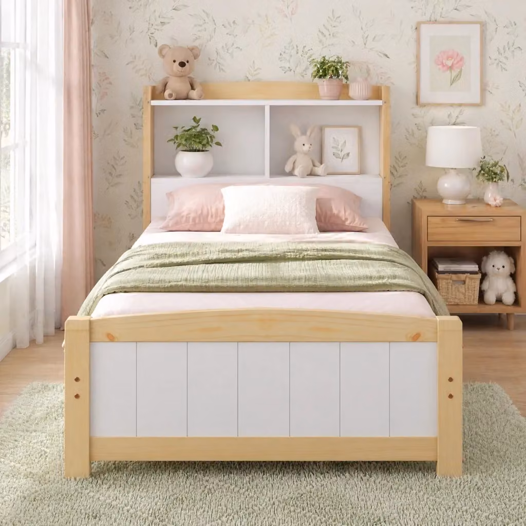 Letto Singolo REDOM in Legno e MDF Bianco con Testiera Portaoggetti e Ripiani Laterali L/P/H: 220 x 90 x 200 cm – 2