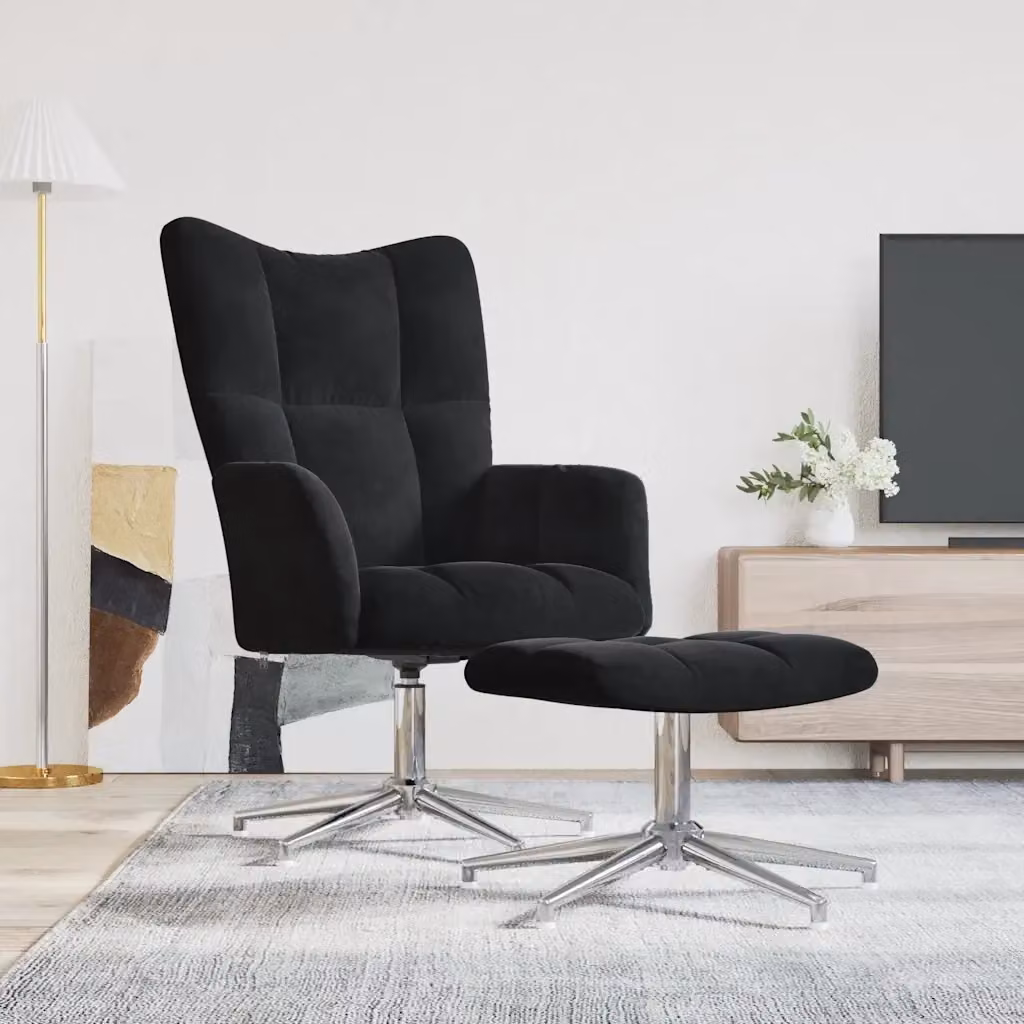 Poltrona Relax Moderna in Velluto Nero con Poggiapiedi Integrato e Struttura Girevole a 360 Gradi – 2