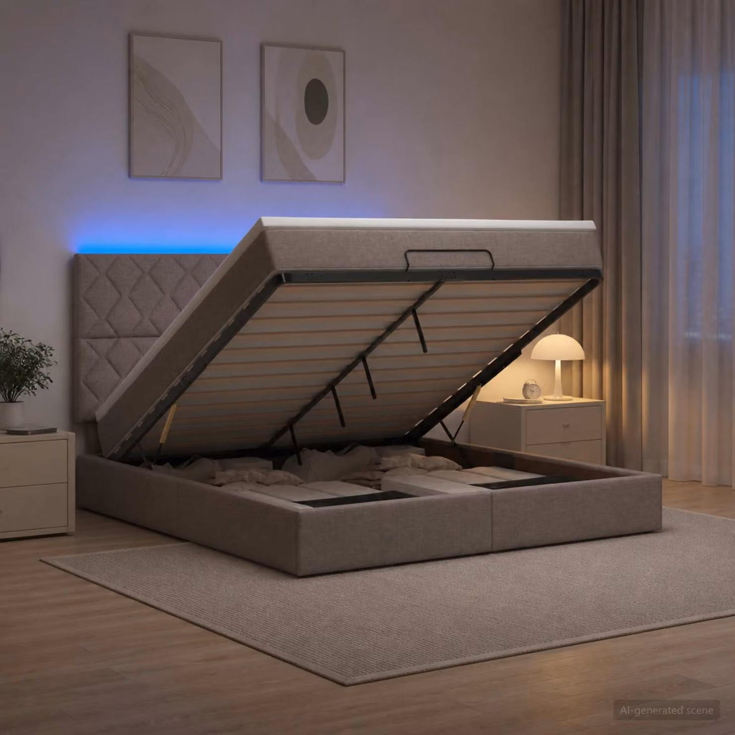 Letto Ottomano con Materasso e Illuminazione LED vidaXL, Colore Tortora, L/P/H: 140 x 200 x 88 cm