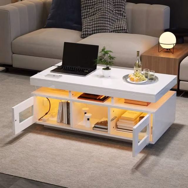 Tavolino da caffè moderno WISHDOR bianco lucido con LED RGB, presa UE, USB e vani contenitore L/P/H: 100 x 50 x 43 cm