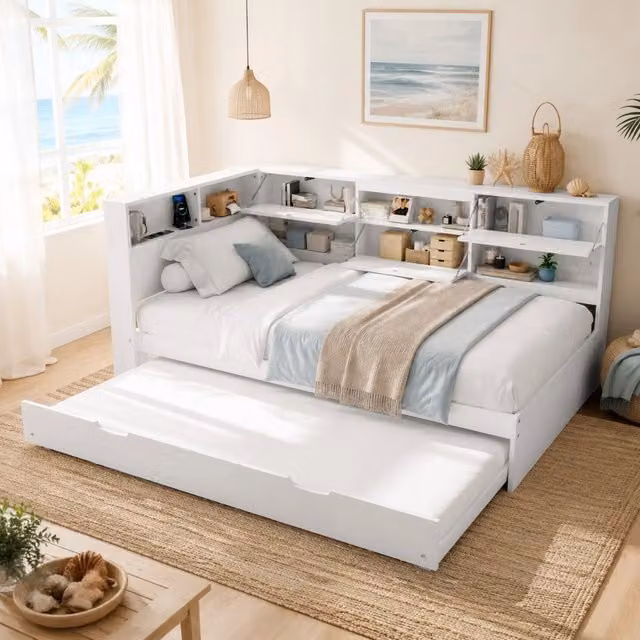Daybed con letto estraibile 90x200 cm; testiera con vano contenitore e USB/Type-C; bianco