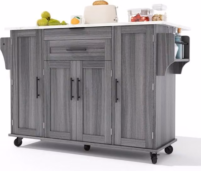 Isola da Cucina Mobile 136x45/70x92 cm Grigia e Legno con Piano Ribaltabile, Cassetti e 5 Ruote
