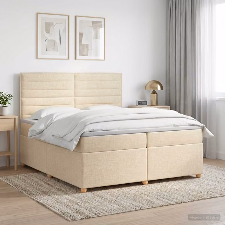 Letto box spring con materasso ibrido vidaXL in tessuto beige e bianco L/P/H: 200 x 200 x 140,5 cm
