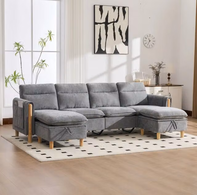 Divano modulare a U in chenille grigio chiaro con 2 pouf contenitore; 261 cm