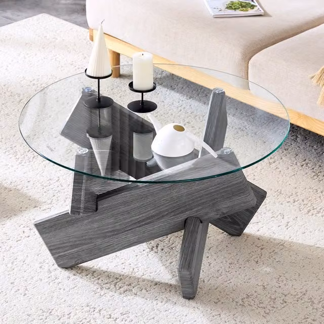 Tavolino da caffè rotondo moderno WISHDOR in MDF e vetro, grigio e trasparente, Ø 79 cm