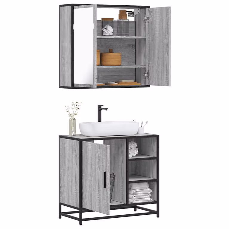 Set di mobili da bagno vidaXL in stile industriale composto da mobile lavabo e pensile con specchio, colore grigio, in legno e metallo